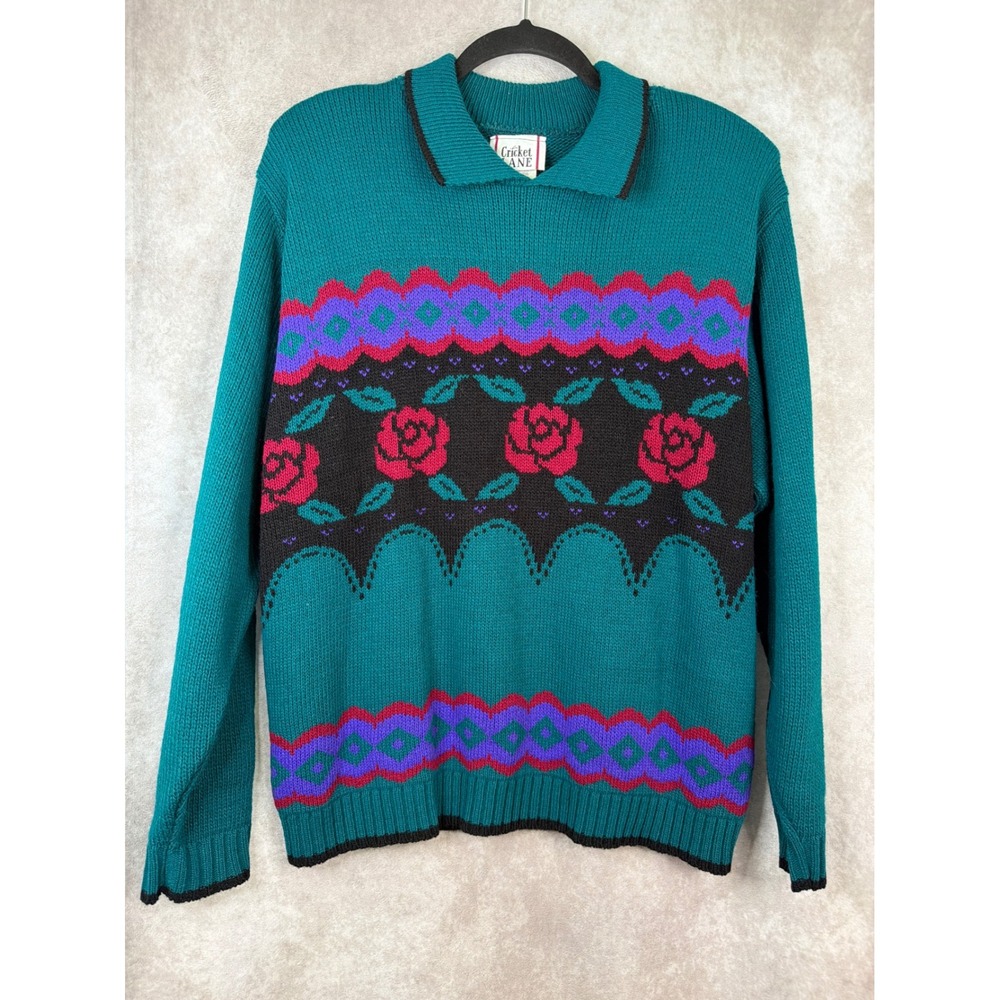 VTG 80s Cricket Lane Sweater Women Large Teal‎ Green Floral Rose Polo Collar USA